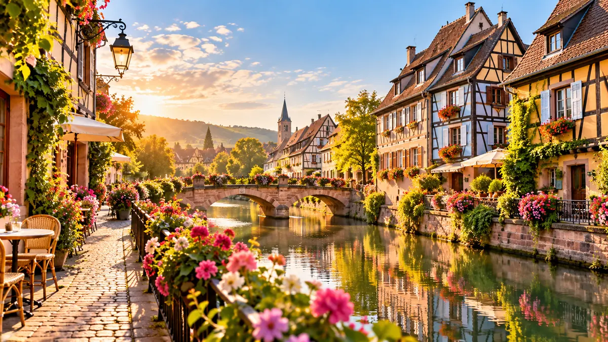 Fachwerkhäuser und Blumen an einem Kanal im Elsass Fachwerkhäuser und Blumen an einem Kanal im Elsass