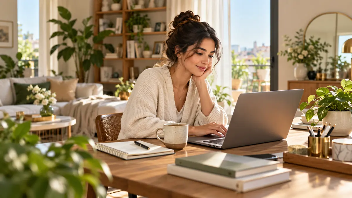 Woman using a laptop in a bright home workspace
