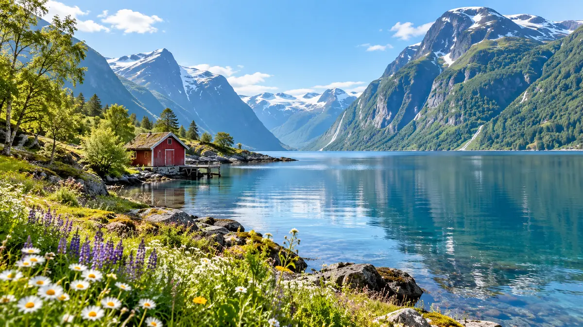 Norwegischer Fjord mit Berglandschaft und Dorf am Wasser