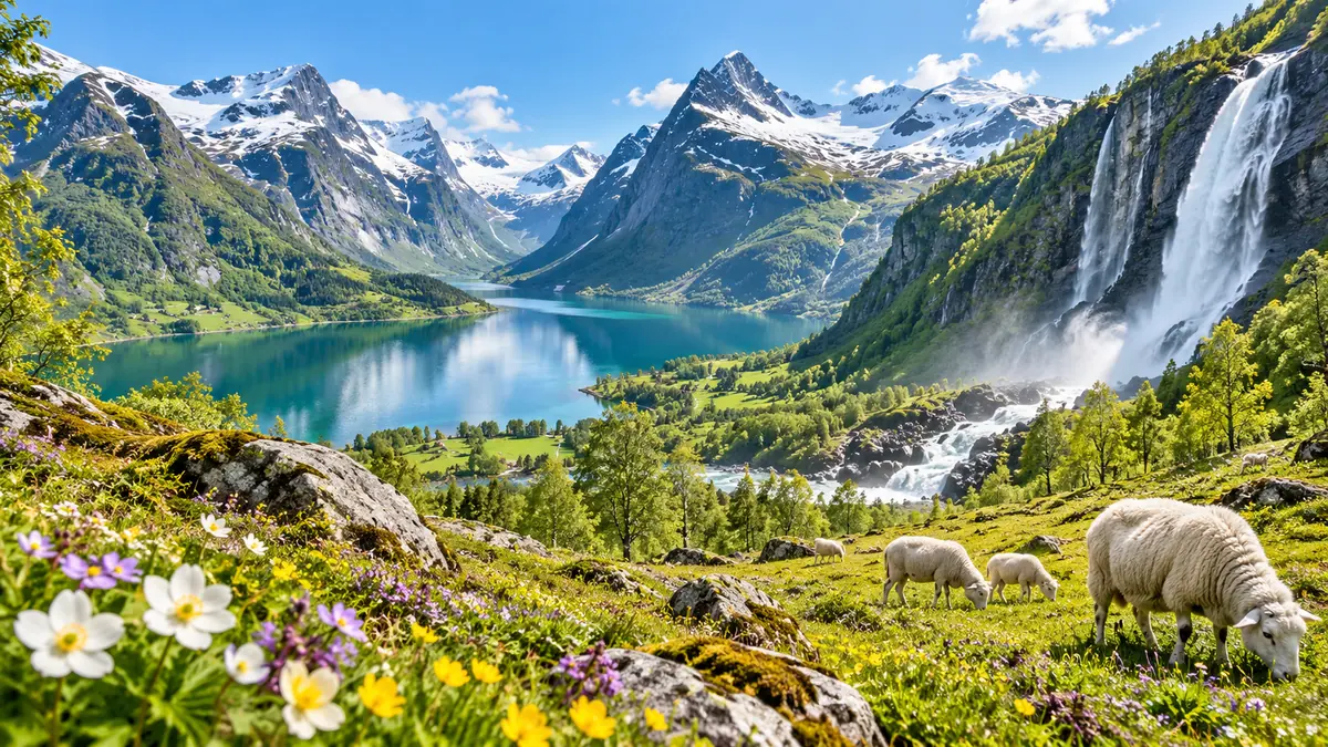 Blühende Landschaft am Fjord im Frühling