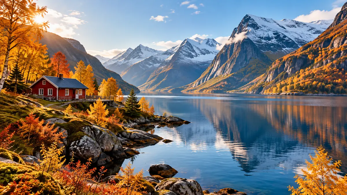 Goldener Herbst an einem skandinavischen Fjord