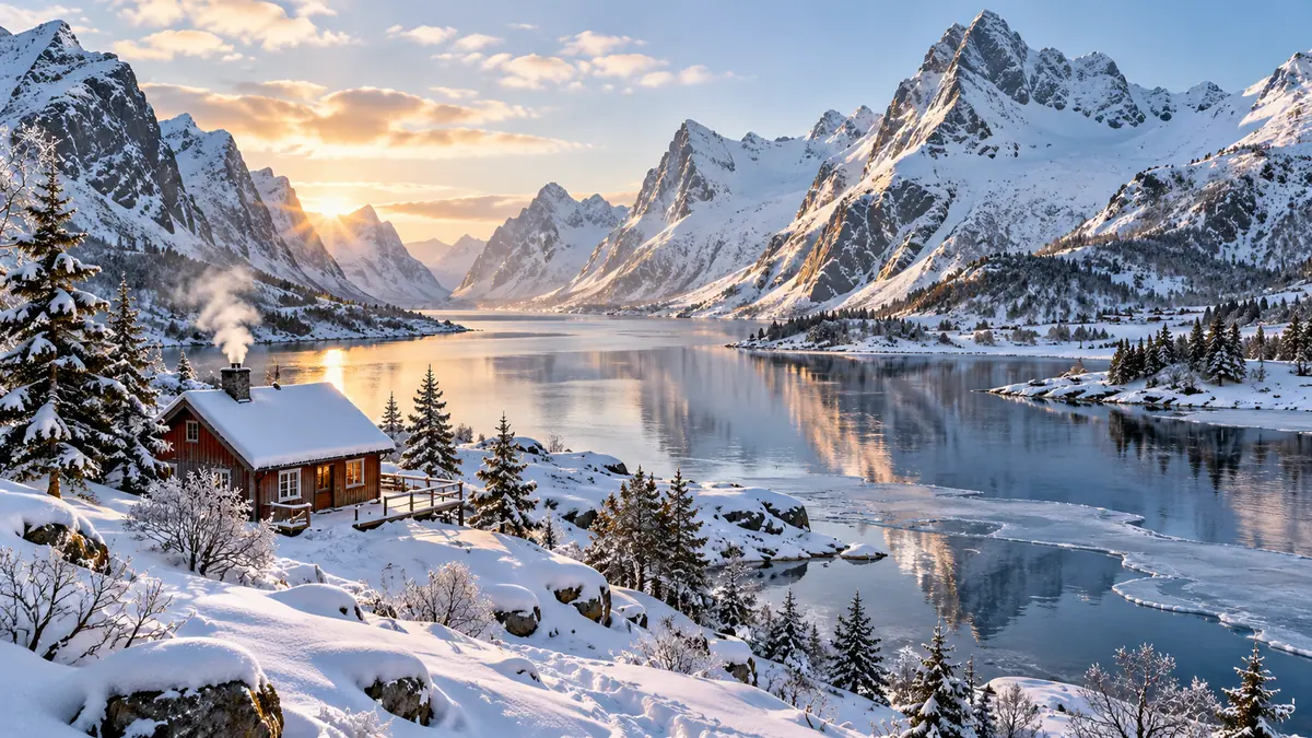 Winterliche Berglandschaft mit Schnee und Fjord