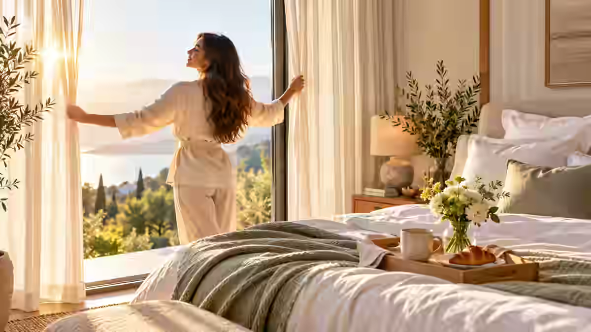 Ruhiger Morgen in einem hellen Schlafzimmer mit Blick ins Freie