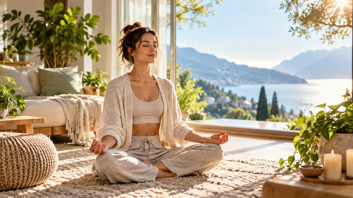 Donna durante una tranquilla sessione di yoga mattutina